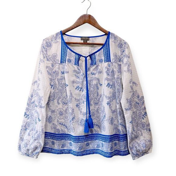 Point Sur J Crew Blue Boho Peasant Blouse Size Large White Long Sleeve Lurex - Picture 2 of 8